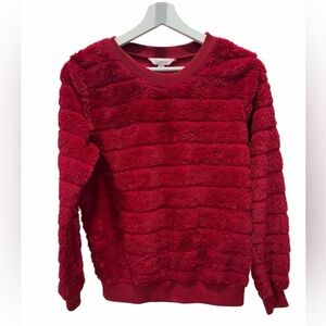 Women’s Red Fuzzy Plush Sweater | Soft Cozy Winter Pullover | Size S